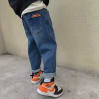 Boy Jeans Childrens Spring Autumn Winter Cotton Pocket Label Decoration Casual Loose Denim Trousers Velvet Thicken Warm Clothes