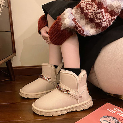 2021 Metal Chain Waterproof Snow Boots Women Chunky Cotton Shoes Female Winter Plush Warm Ankle Boots PU Leather Platform Boots
