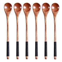 6Pcs Long Handled Wooden Spoons Wood Tea Coffee Spoon Japanese Style Dessert Spoon Set Honey Mixing Spoon Wood Tableware