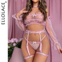 ZZOOI Ellolace Transparent Polka Dot Lingerie Off Shoulder Long Sleeve Tops Set Women 4 Piece Ruffled Uncensored Pink Sheer Intimate