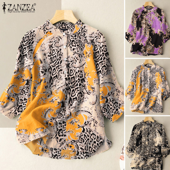 จัดส่งฟรี-จัดส่ง-3-วัน-zanzea-เสื้อเบลาส์ทรงหลวมของผู้หญิง-เสื้อทรงหลวมลำลองพิมพ์ลายเสือดาวแขนยาวคอตั้งสำหรับฤดูร้อน-fancystyle