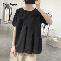 Yfashion เสื้อ Lengan Pendek Musim Panas สำหรับแฟชั่นสำหรับผู้หญิงฝ้ายลินินไม่สม่ำเสมอเสื้อสตรีคอกลมเสื้อสีทึบขาตั้งกล้องมีในสต็อก