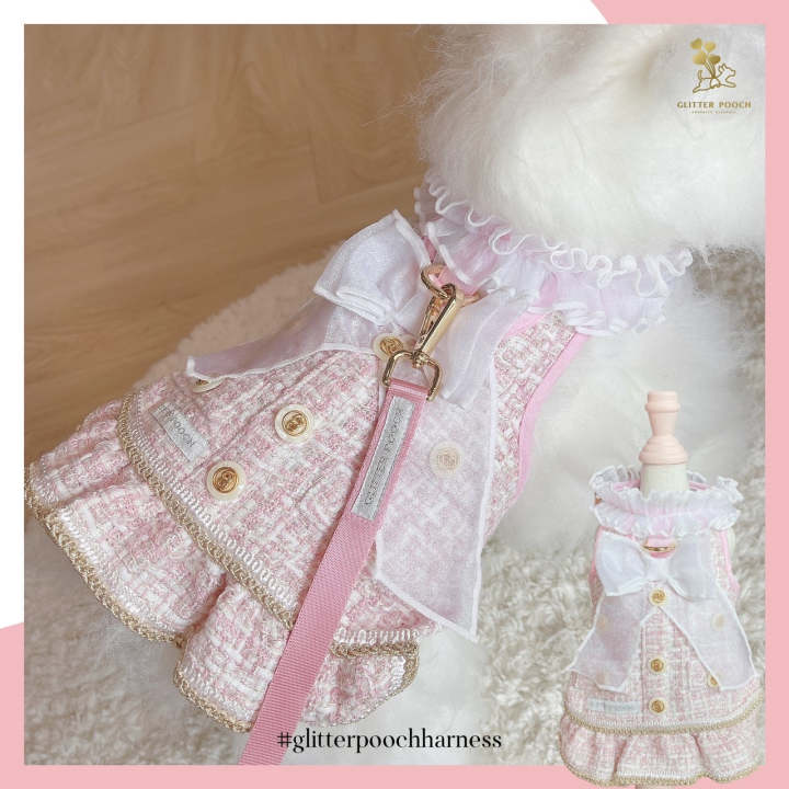 glitter-pooch-harness-ชุดรัดอก-สายจูง-เสื้อผ้า-สุนัข-หมา-แมว-สัตว์เลี้ยง-พร้อม-สายจูง-รุ่น-new-emily-in-paris-pink