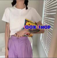 QQK?พร้อมส่ง?เสื้อ​ไหมพรม​แแขนสั้น กระดุมแกะได้ใส่สวย(5203-1)