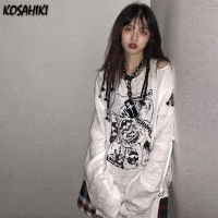 KOSAHIKI White Gothic Lady Skull Print Loose T Shirt Off Shoulder Long Sleeve Women Harajuku Thin T-shirt Korean Fashion Cloth