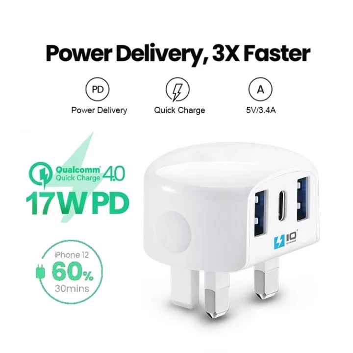 YLYH A15 USB C Travel Wall Charger 17W 3.4A UK Plug Fast Charging Charger Multi Port Power Adapter For iPhone/Huawei/Xiaomi
