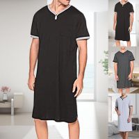 【LZ】❒♤  Homem sleepwear manga curta o pescoço bolso nightdress solto na altura do joelho camisola homewear plus size 3xl roupas quentes para homem