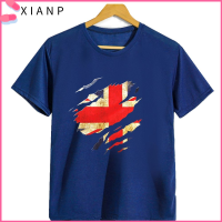 XIANP เสื้อยืดแฟชั่นแนวสปอร์ตเสื้อยืดคอกลมเสื้อแขนสั้นชนิดไม่จำกัดเพศแพลทตินั่มเสื้อยืดยูเนี่ยนแจ็คธงอังกฤษมีรอยขาด