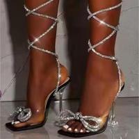 Rhinestone Women Sandals 2022 Summer Roman Plus Size Strappy Bow Party High Heels Square Toe Mules Shoes Sandalias De Mujer