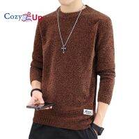 Cozy Up สเวตเตอร์แขนยาวผู้ชาย,เสื้อกันหนาวสีพื้นคอกลมทรงสลิมบวกกำมะหยี่หนาถักแบบสวม