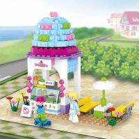 Xiaoluban 0525บล็อกสำหรับต่อประกอบจำลองเมืองใหม่สีชมพู Dream Commercial Street Ice Cream House เด็กประกอบของเล่น