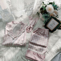 3 Pcs Silk Houndstooth Female Sleepwear Satin Pyjama Loose Home Wear Pajamas Set Women Long Sleeve Pants Suits Loungewear Spring