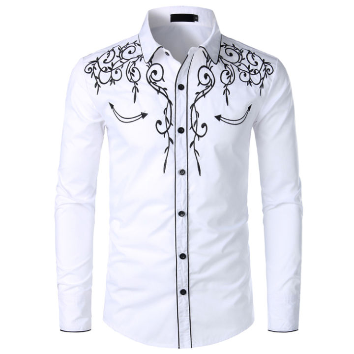 Mens Western Cowboy Shirt Stylish Embroidered Slim Fit Long Sleeve ...