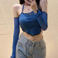 【CW】Women Ribbed Crop Tops,เสื้อแขนกุดคอแขวนเสื้อชั้นในปิดไหล่ครึ่งแขน,เสื้อผ้าผู้หญิง