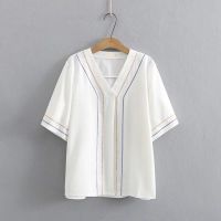 【มีไซส์ใหญ่】Plus Size V-neck White Blue Tops Women Short Sleeve Officewear Summer Blouses Ladies Oversized Top