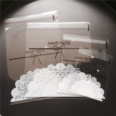 100pcs/lot 4 sizes Transparent bow lace Plastic Self Adhesive Cookie Packaging Bag Wedding Candy Gift Decoration Bag