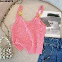 Pink Sexy Slim Knit Vests Crop Tops Women 2023 Summer Sleeveless Gold Buckles Stylish Fashion Chic Knitwear Sweaters Vests