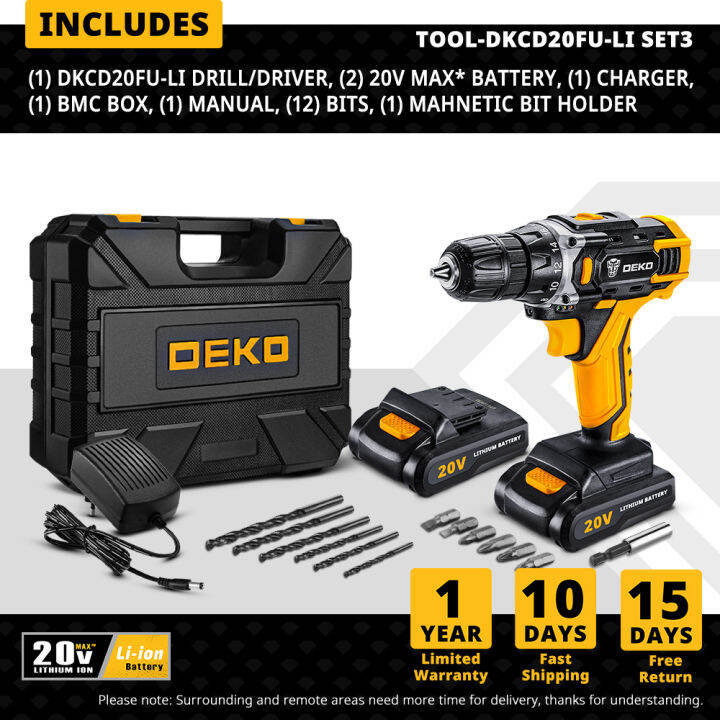 deko-121620v-max-cordless-drill-electric-screwdriver-18-1-torque-settings-2-speeds-38-keyless-chuck-power-tools-dkcd-series