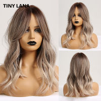 2021TINY LANA Synthetic Hair Wigs Ombre Brown Light Ash Blonde Medium Wave Wig for Black Women Heat Resistant Fiber Daily False Hair