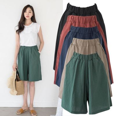 2023 Summer Cotton Linen Shorts Women Large Size Cotton Linen Short Pants High Waist Elastic Waist Knee Length Pockets Shorts