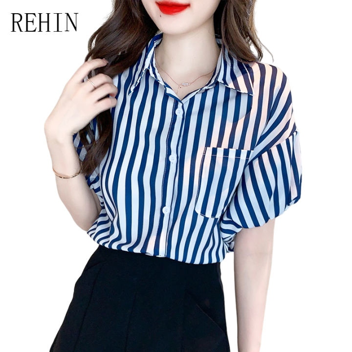 rehin-ผู้หญิงฤดูร้อนใหม่-retro-collision-แขนสั้นเสื้อแนวตั้งลาย-lapel-ใส่ทำงานเสื้อ