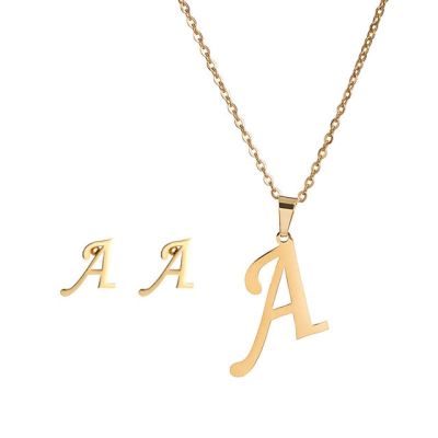 JDY6H Fashion A-Z Stainless Steel Charm Initial Necklace and Stud Earrings Jewelry Sets Alphabet Pendant Chain Letter Choker Mom Gi