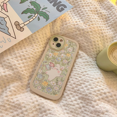 ins ภาพวาดสีน้ำมันดอกไม้กรณีโทรศัพท์สำหรับ iPhone12 การ์ตูนน่ารักกระต่ายน้อยกรณีโทรศัพท์สำหรับ iPhone11ProMax Green Flower Trolley Case สำหรับ iPhone XR Girl Rabbit Phone Case สำหรับ iPhone 13 เคสแฟชั่นใหม่สำหรับ iPhone Xs