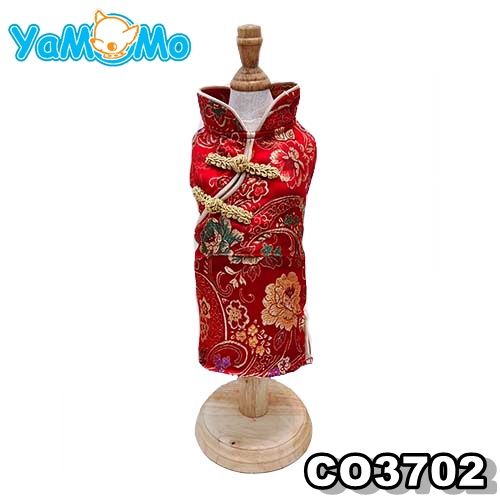 ชุดจีนผู้หญิง-ชุดกี่เพ้า-สำหรับน้องหมาน้องแมว-ชุดจีนลายดอกสีแดงทรงตรงผ่าข้าง-สำหรับสัตว์เลี้ยง-barkshop-girl-chinese-costume