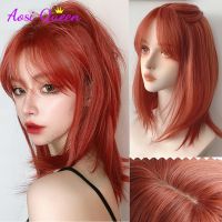 Rambut Palsu Lurus Merah Panjang Sedang Sintetis Dengan Poni, Rambut Palsu Pendek Serat Tahan Panas Sintetis Untuk Wanita Hitam/Putih