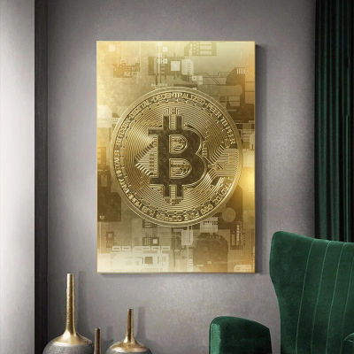 Abstract Golden Bitcoin Canvas Painting Nordic Modern Wall Art Poster and Print Pictures Interior Home Decoration Mural No Frame