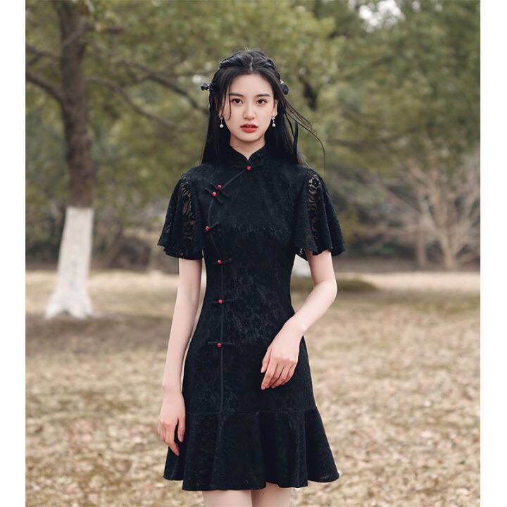 ลูกไม้-cheongsam-fishtail-กระโปรงเด็กสาวปรับปรุงที่ทันสมัยสวมใส่ในชีวิตประจำวันหวานเล็กๆน้อยๆกระโปรงนางฟ้าสั้น