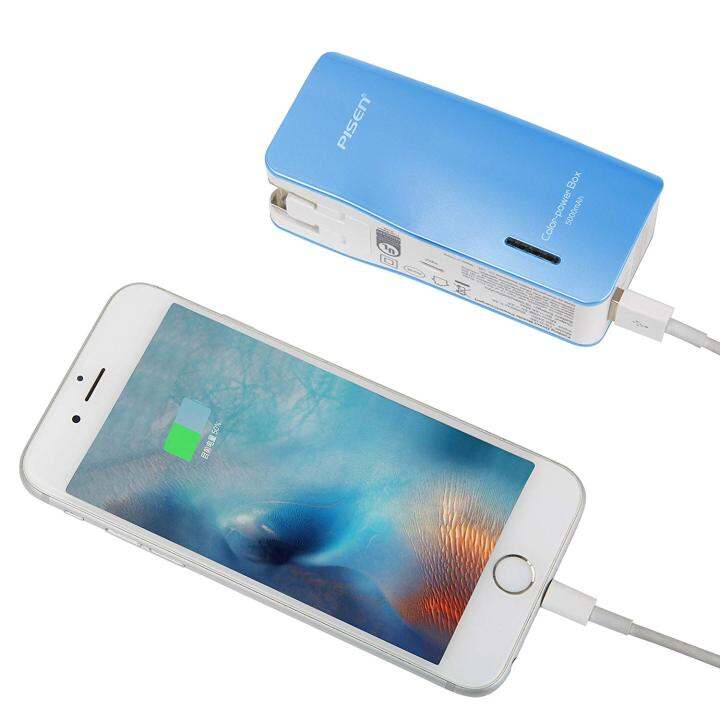 pisen-แบตสำรองแท้-5-000-mah-พาวเวอร์แบงค์-color-power-box-ปลั๊กไฟในตัว-เก็บประจุเต็มที่ได้ยาวนาน-usb-5v-2a-รูปทรงขนาดกระทัดรัดจับถนัดกระชับมือ-สีฟ้า