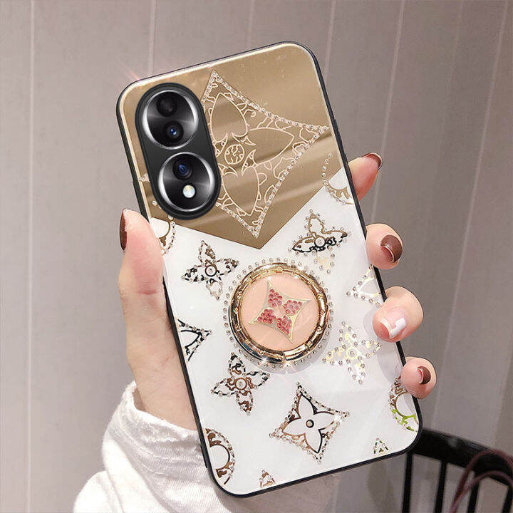 เคสโทรศัพท์สำหรับ-honor-90-pro-เคสโทรศัพท์แบบมีห่วงเปลือกกระจกสำหรับ-honor-เคส-honor-90pro-ดีไซน์รูปใบโคลเวอร์พร้อมสายคล้อง