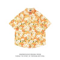 Japanese retro floral print short-sleeved shirt mens trendy brand street bf lazy wind couple flower shirt 【BYUE】