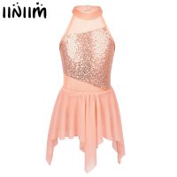 Kids Girls Ballet Dance Dress Sequins Cutout Back Leotard Dress Lyrical Dance Costumes Contemporary Gymnastics Leotard Ballerina