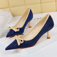 2021 Elegant Women 6cm Thin High Heels Pumps Butterfly Knots Blue Yellow Low Kitten Heels Designer Female Lolita Shoes Scarpins