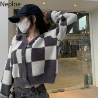 Neploe Japanese Cardigan Crop Tops Women Autumn Clothes Fashion Plaid Knit Sweater Coat Vintage Casual Sueter  Ropa Mujer