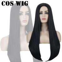 Black Long Straight Cosplay Hair Morticia Addams Family Costume Halloween Wigs F3N8