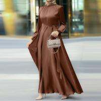 Womens Muslim Style Round Neck Long Sleeve Strap Tight Waist Slim Look Fashionable Elegant Robe Loose Dress