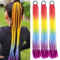 24 quot; Colorful Box Braided Ponytail Hair Extension Synthetic False Overhead Tail with Rubber Elastic Band Rainbow Pigtail for Kids