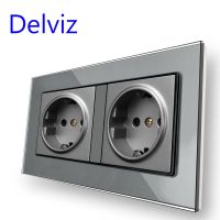▤▤ Delviz 16A Wall Power Socket AC 110V 250V Rectangular socketGray Tempered Crystal Glass Panel EU standard power Double Outlet