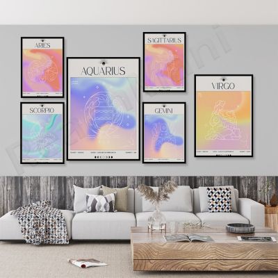 12 Constellation Nursery Art โปสเตอร์พิมพ์โหราศาสตร์ Bohemian Gradient Aesthetics โหราศาสตร์ภาพวาด Mercury ตกแต่ง Picture