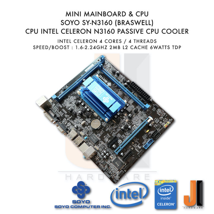 mainboard-with-cpu-soyo-sy-n3160-braswell-cpu-intel-celeron-n3160-1-6ghz-4-cores-4-threads-6-watts-tdp-passive-cpu-cooler-มือสองสภาพดี