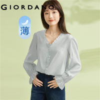 GIORDANO Women Shirts V-Neck Lightweight Fashion Ruffle Blouses Long Sleeve Solid Color Anti-Wrinkle Casual Shirts 13343311