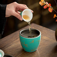 Love Tea Turquoise Glaze with Lid Handmade Water Bowl Tea Dregs Bucket Retro Kung Fu Tea Set Parts Household Products