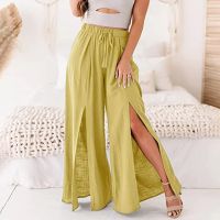 Womens Casual Fashion Pants Bohemian Linen High Waisted Wide Legged Slacks Autumn Loose Elastic Waist Drawstring Trousers