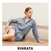 RINRATA - Spencer Shirt เสื้อเชิ้ต แขนยาว คอปก สีฟ้า เย็บเดินเส้นสีขาว ผ้าคอตต้อน กระดุมสีเงิน ตกแต่งกระเป๋า ใส่สบาย ทรงโอเวอร์ไซส์ ฟรีไซส์