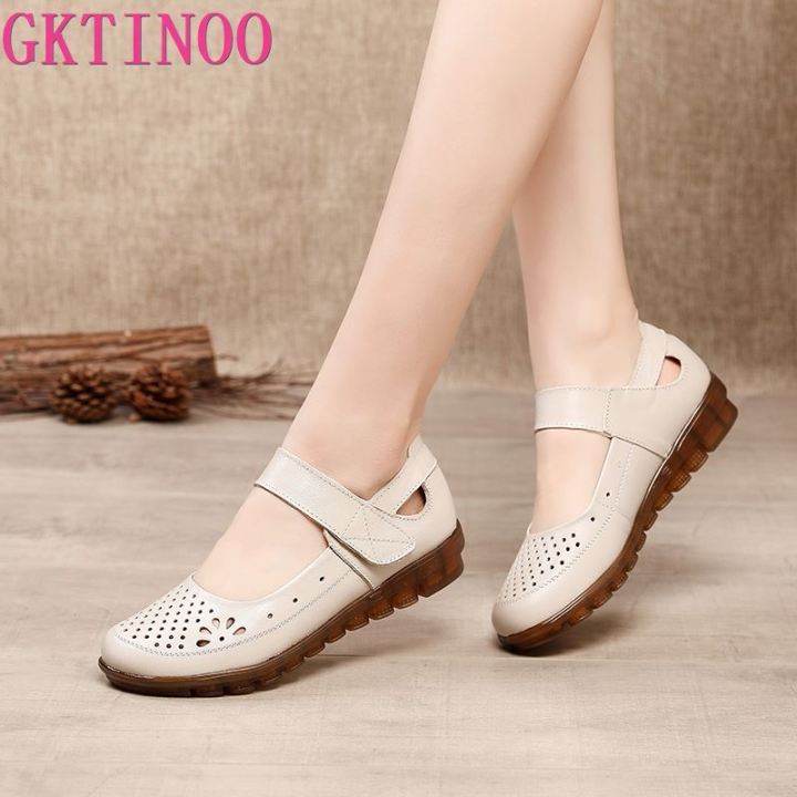 GKTINOO Genuine Leather Ladies Flat Summer Shoes Woman Slip On Casual  Loafers Hollow Out Round Toe Soft Comfort Sandals Female 