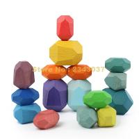 Colorful Wooden Geometric Stack Gem Rock Stone Balancing Educational Building Blocks Toy