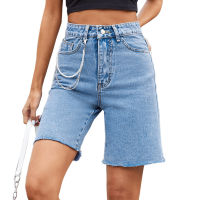 Benuynffy Solid Button Fly Raw Hem Denim Shorts Women Summer Fashion Street style High Waist Straight Jean Shorts With Chain